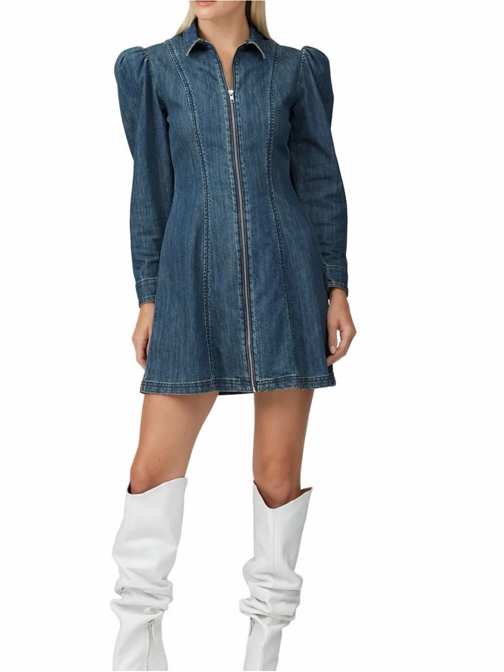 Zip-Front Denim Mini Dress with Puff Shoulders - Blue